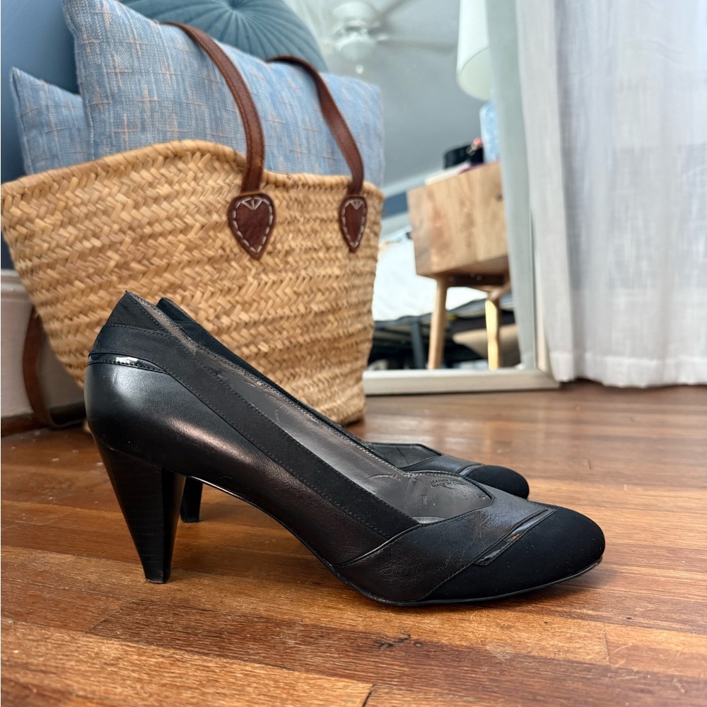Tahari Women's Black Fabric & Leather Trim Retro High Heel Shoes Pumps Size 9.5
